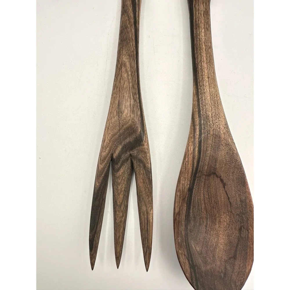 Vintage Teak Wooden Serving Utensils Hand Carved Tribal Salad Fork Spoon Set